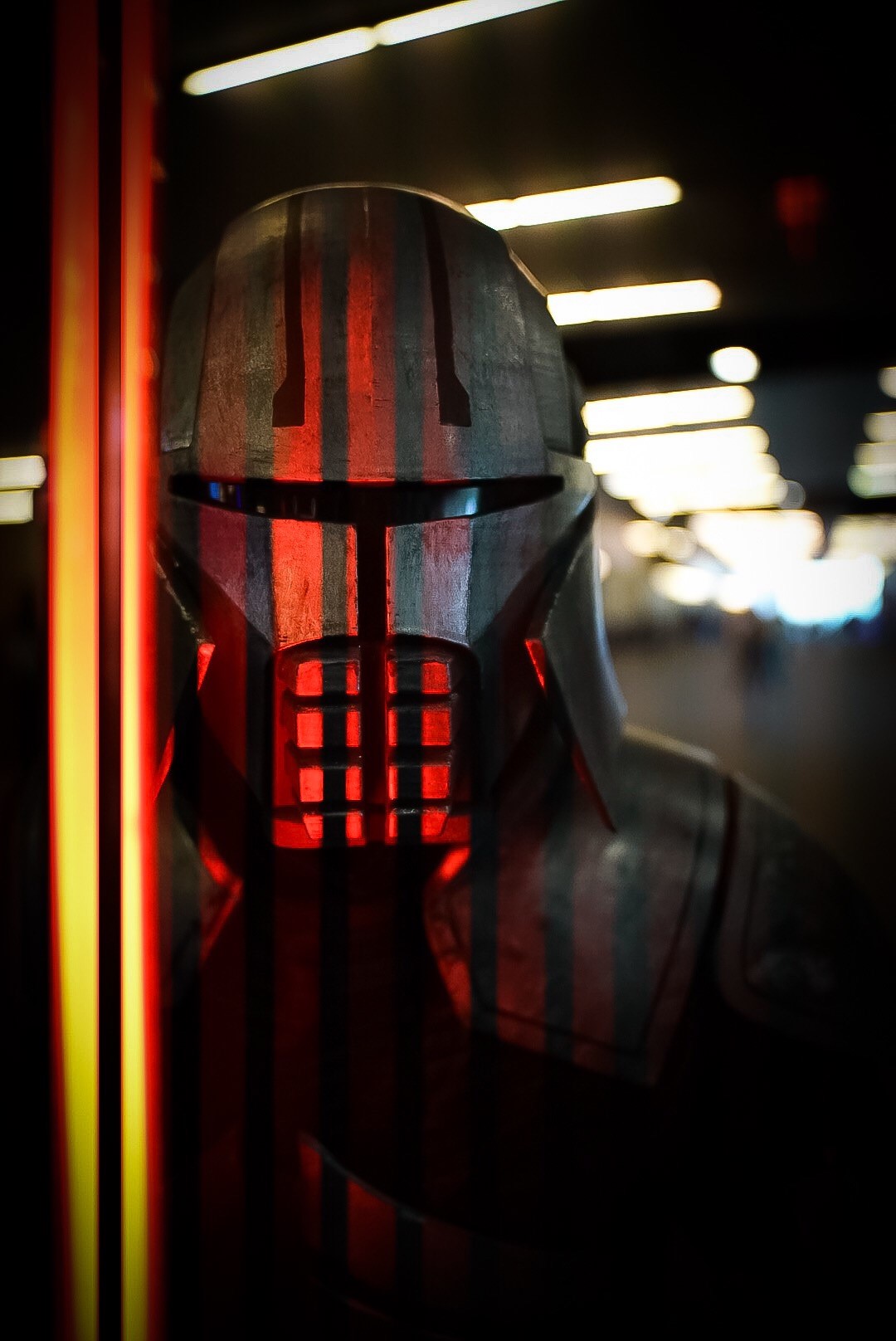 Close up of a costumed character mask